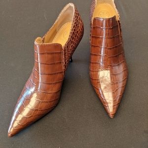 Tory Burch Georgina Embossed Crocodile Brown Ankle Bootie.